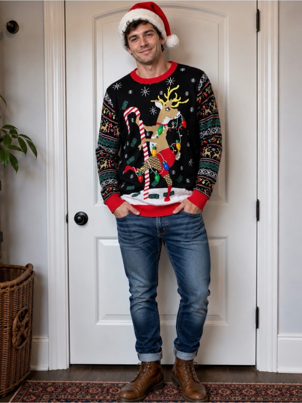 Holiday Reindeer Crewneck Sweater - Black, Red, Green ugly sweater NWOT